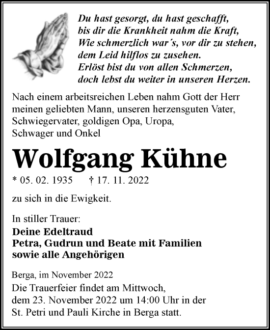 Traueranzeige von Wolfgang Kühne von Mitteldeutsche Zeitung Sangerhausen
