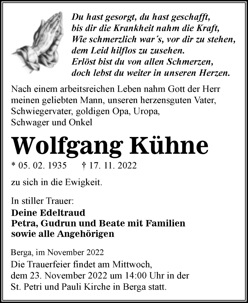  Traueranzeige für Wolfgang Kühne vom 22.11.2022 aus Mitteldeutsche Zeitung Sangerhausen