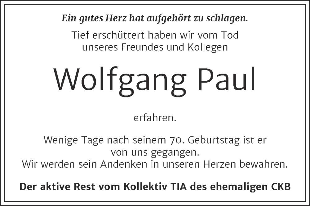  Traueranzeige für Wolfgang Paul vom 16.11.2022 aus Trauerkombi Bitterfeld