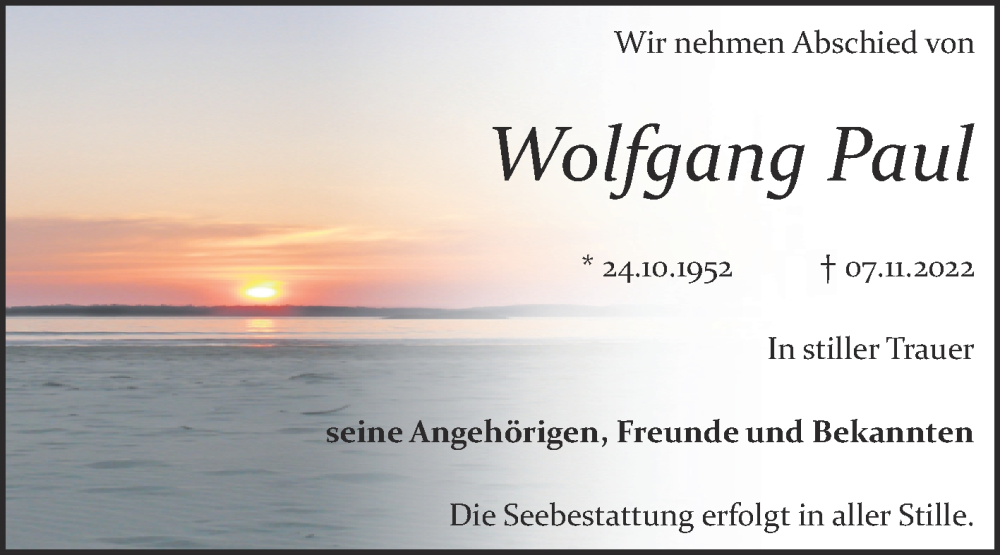  Traueranzeige für Wolfgang Paul vom 12.11.2022 aus Trauerkombi Bitterfeld