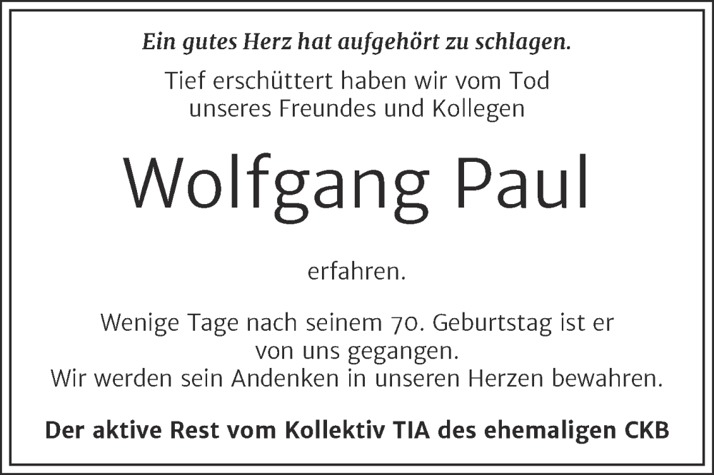  Traueranzeige für Wolfgang Paul vom 12.11.2022 aus Trauerkombi Bitterfeld