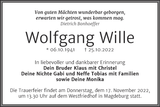 Traueranzeige von Wolfgang Wille von Mitteldeutsche Zeitung Halle/Saalkreis