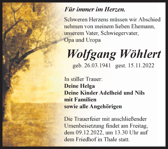 Traueranzeige von Wolfgang Wöhlert von Trauerkombi Quedlinburg