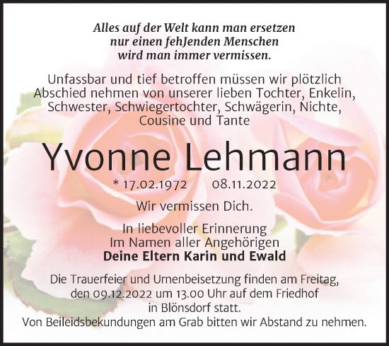 Traueranzeige von Yvonne Lehmann von Trauerkombi Wittenberg