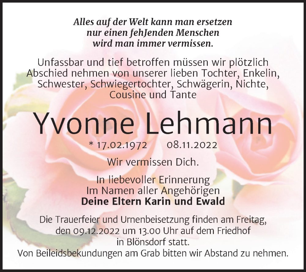  Traueranzeige für Yvonne Lehmann vom 26.11.2022 aus Trauerkombi Wittenberg