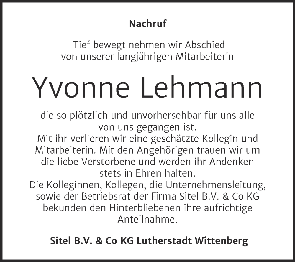  Traueranzeige für Yvonne Lehmann vom 26.11.2022 aus Super Sonntag Wittenberg