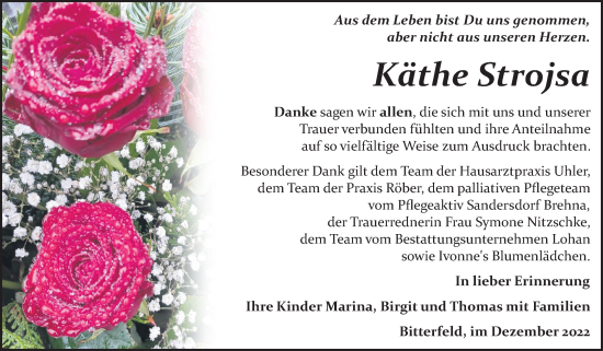 Traueranzeige von Käthe Strojsa von Trauerkombi Bitterfeld