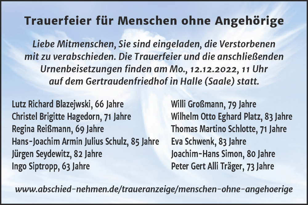  Traueranzeige für Menschen ohne Angehörige  vom 12.12.2022 aus Mitteldeutsche Zeitung Halle/Saalkreis