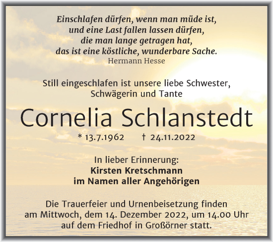 Traueranzeige von Cornelia Schlanstedt von Trauerkombi Mansfelder Land