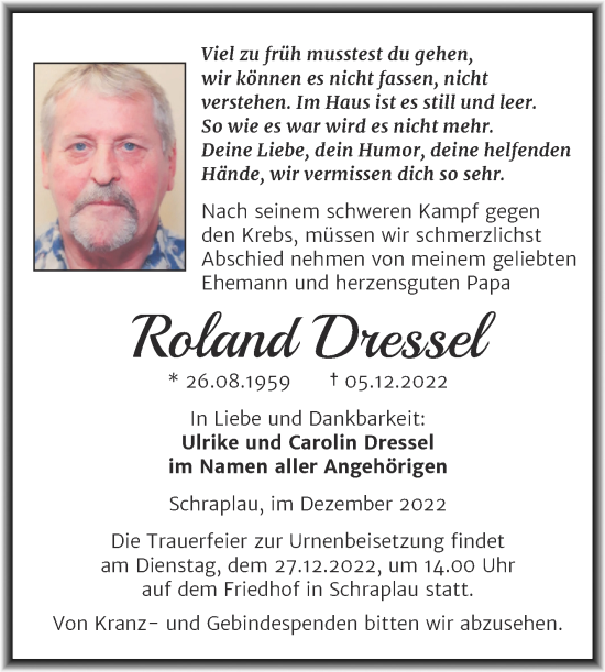 Traueranzeige von Roland Dressel von Trauerkombi Merseburg