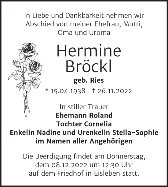 Traueranzeige von Hermine Bröckl von Trauerkombi Mansfelder Land