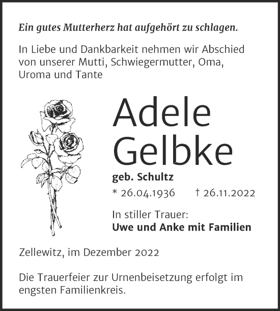 Traueranzeige von Adele Gelbke von Super Sonntag Bernburg