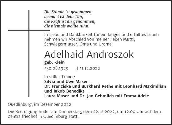 Traueranzeige von Adelhaid Androszok von Trauerkombi Quedlinburg