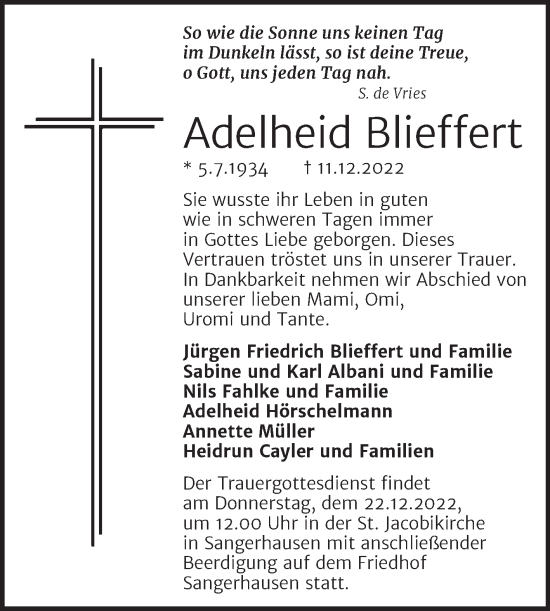 Traueranzeige von Adelheid Blieffert von Trauerkombi Sangerhausen