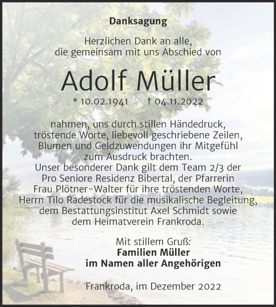 Traueranzeige von Adolf Müller von Wochenspiegel Naumburg/Nebra