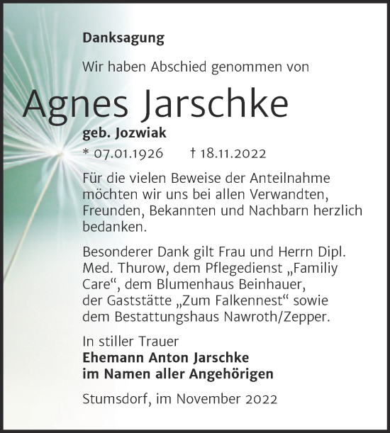 Traueranzeige von Agnes Jarschke von Trauerkombi Bitterfeld
