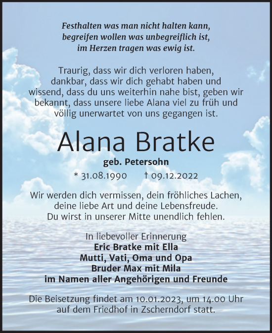Traueranzeige von Alana Bratke von Trauerkombi Bitterfeld