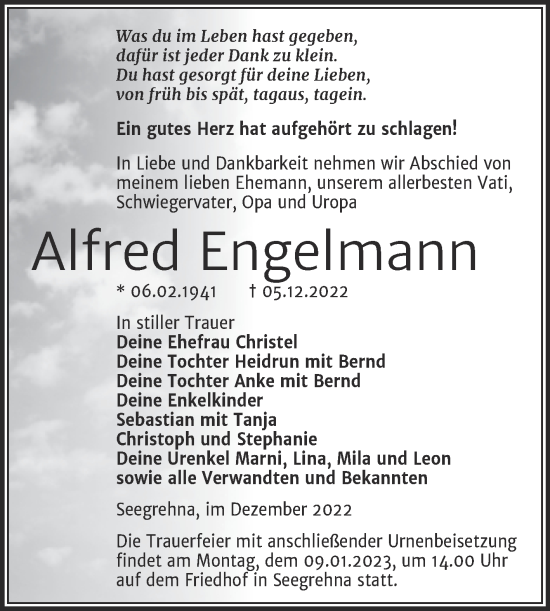 Traueranzeige von Alfred Engelmann von Trauerkombi Wittenberg