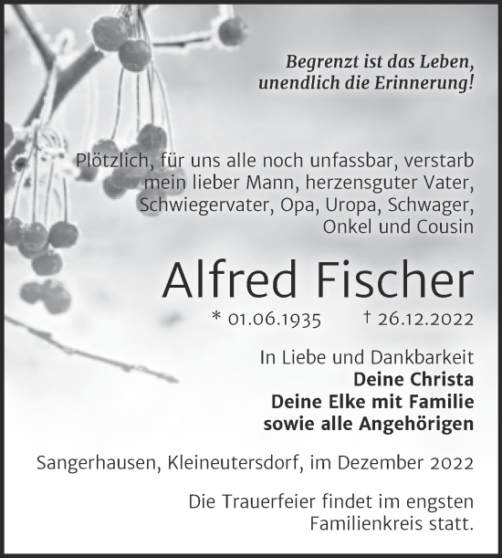 Traueranzeige von Alfred Fischer von Trauerkombi Sangerhausen