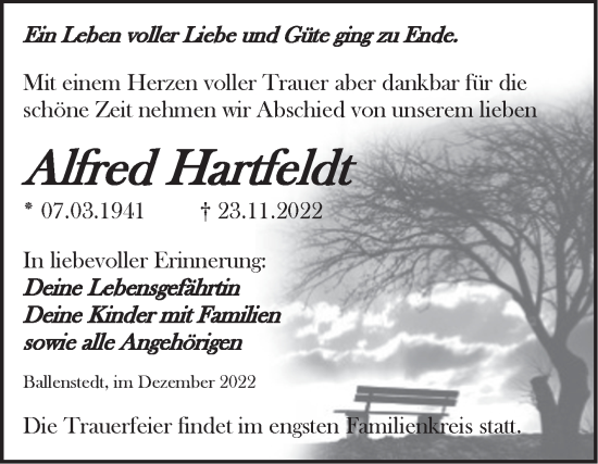 Traueranzeige von Alfred Hartfeldt von Trauerkombi Quedlinburg
