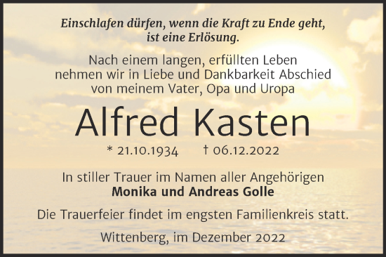 Traueranzeige von Alfred Kasten von Trauerkombi Wittenberg