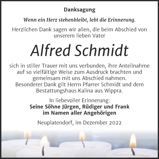Traueranzeige von Alfred Schmidt von Trauerkombi Quedlinburg