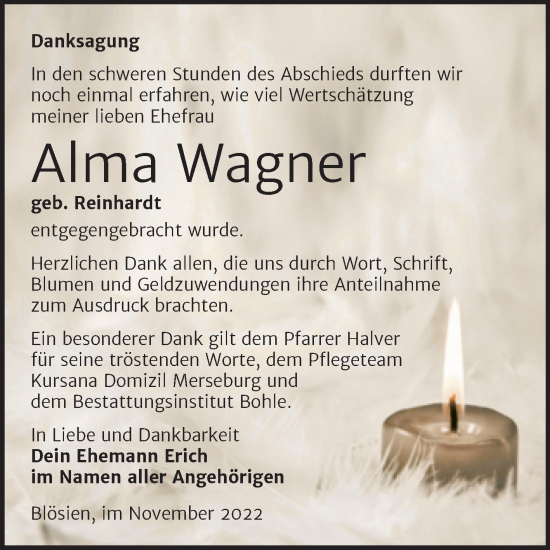 Traueranzeige von Alma Wagner von Trauerkombi Merseburg