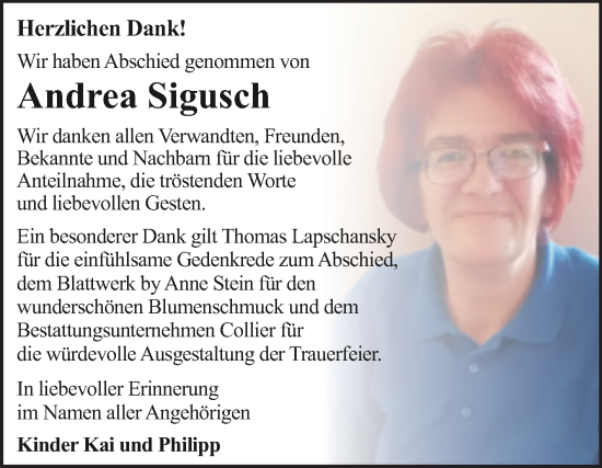 Traueranzeige von Andrea Sigusch von Trauerkombi Dessau