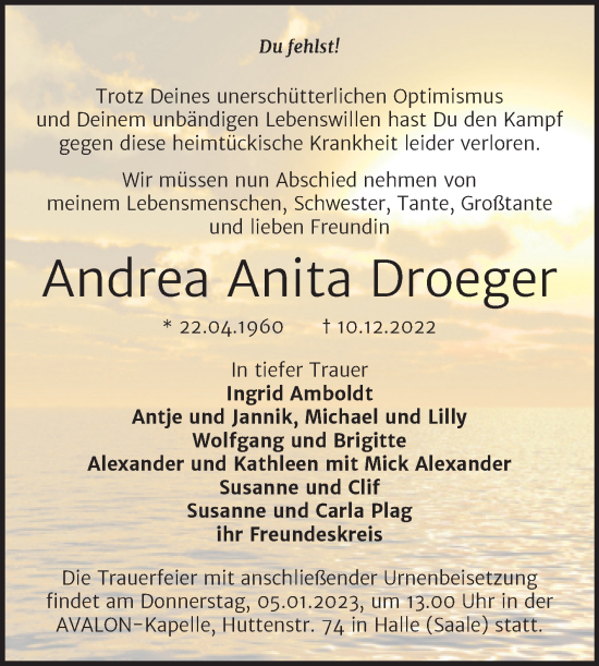 Traueranzeige von Andrea Anita Droeger von Mitteldeutsche Zeitung Halle/Saalkreis