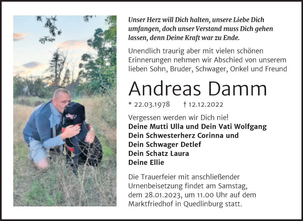  Traueranzeige für Andreas Damm vom 23.12.2022 aus Trauerkombi Quedlinburg