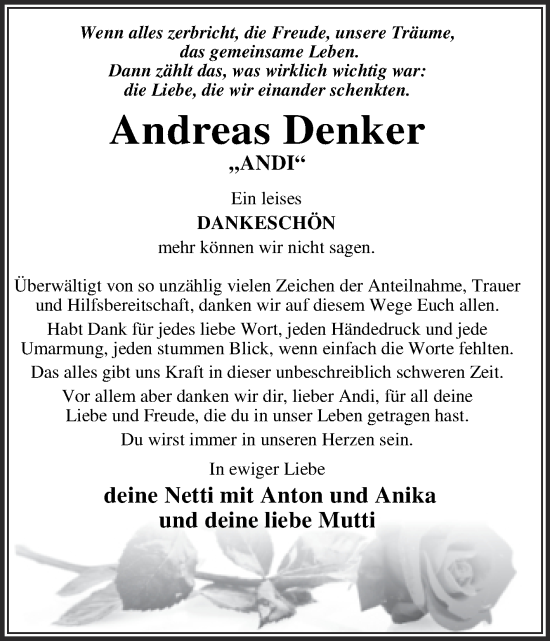 Traueranzeige von Andreas Denker von Super Sonntag Wittenberg