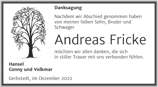Traueranzeige von Andreas Fricke von Trauerkombi Mansfelder Land
