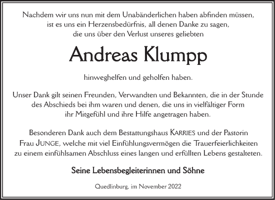 Traueranzeige von Andreas Klumpp von Trauerkombi Quedlinburg