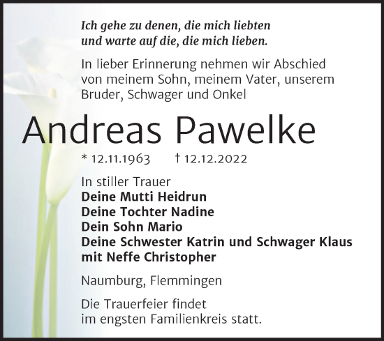 Traueranzeige von Andreas Pawelke von Wochenspiegel Naumburg/Nebra