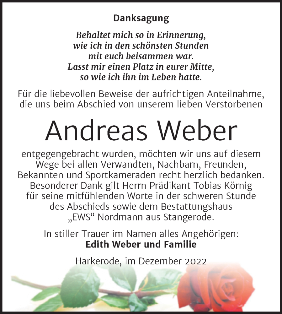  Traueranzeige für Andreas Weber vom 17.12.2022 aus Trauerkombi Mansfelder Land