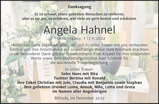 Traueranzeige von Angela Hahnel von Naumburger Tageblatt