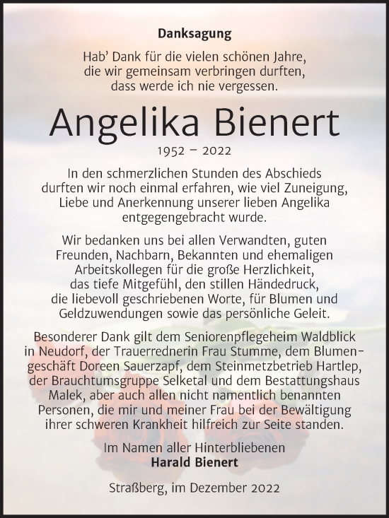 Traueranzeige von Angelika Bienert von Trauerkombi Quedlinburg