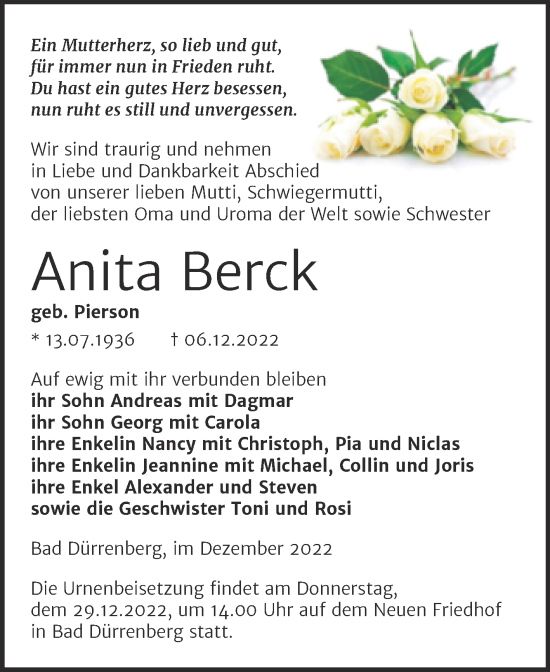 Traueranzeige von Anita Berck von Trauerkombi Merseburg