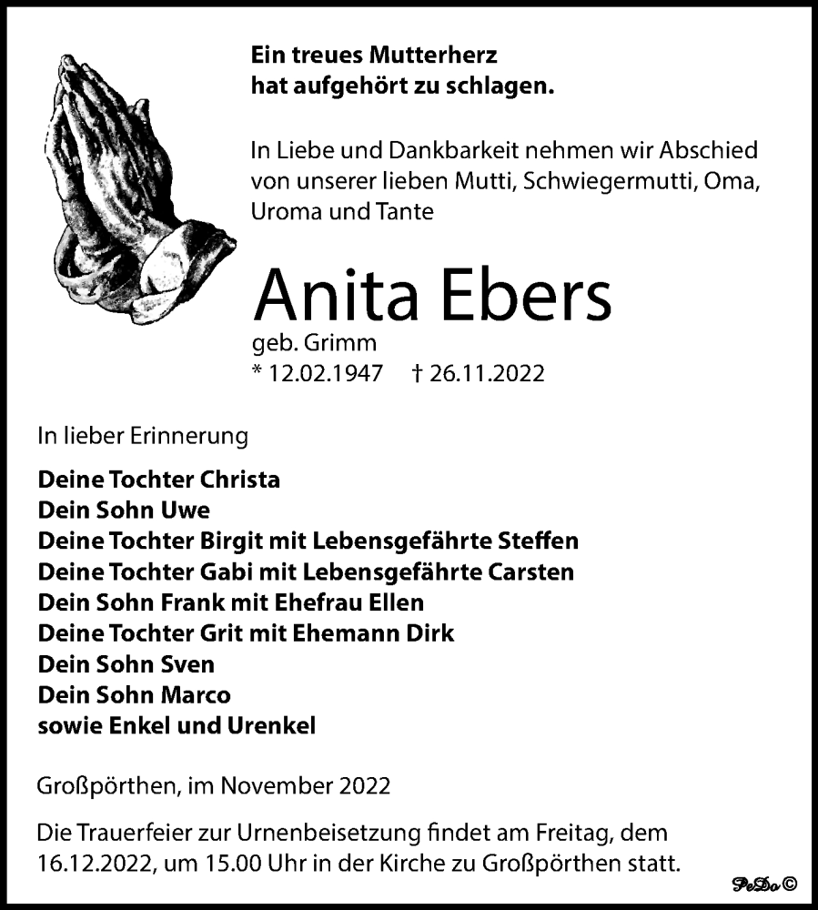  Traueranzeige für Anita Ebers vom 03.12.2022 aus Trauerkombi Zeitz