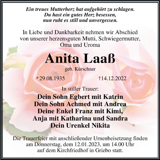 Traueranzeige von Anita Laaß von Trauerkombi Wittenberg