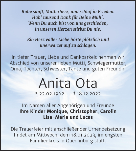 Traueranzeige von Anita Ota von Trauerkombi Quedlinburg