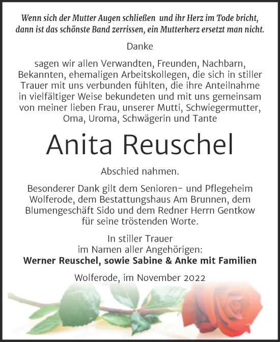 Traueranzeige von Anita Reuschel von Trauerkombi Mansfelder Land