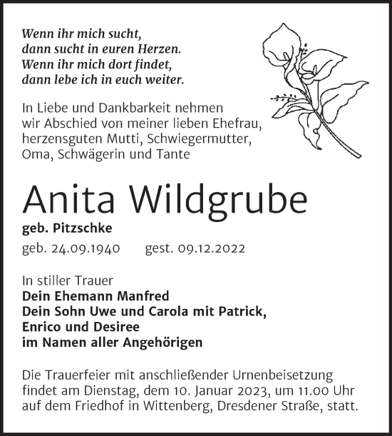 Traueranzeige von Anita Wildgrube von Trauerkombi Wittenberg
