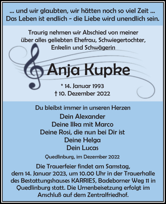 Traueranzeige von Anja Kupke von Trauerkombi Quedlinburg