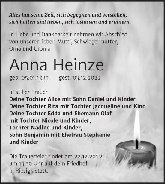 Traueranzeige von Anna Heinze von Trauerkombi Wittenberg