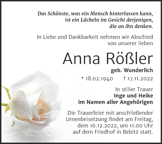 Traueranzeige von Anna Rößler von Super Sonntag Bernburg