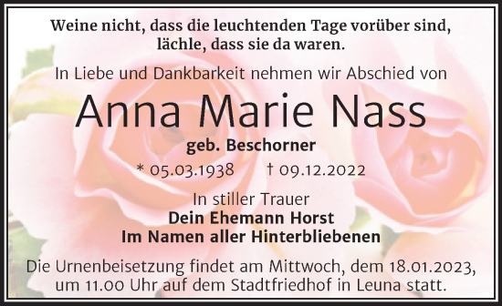 Traueranzeige von Anna Marie Nass von Trauerkombi Merseburg