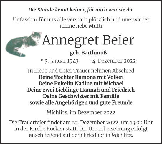 Traueranzeige von Annegret Beier von Trauerkombi Weißenfels