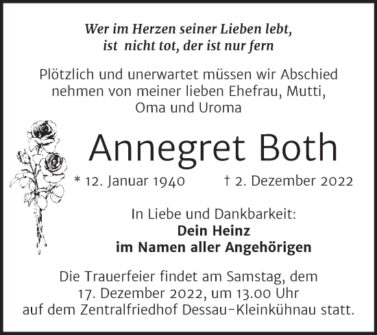 Traueranzeige von Annegret Both von Trauerkombi Dessau