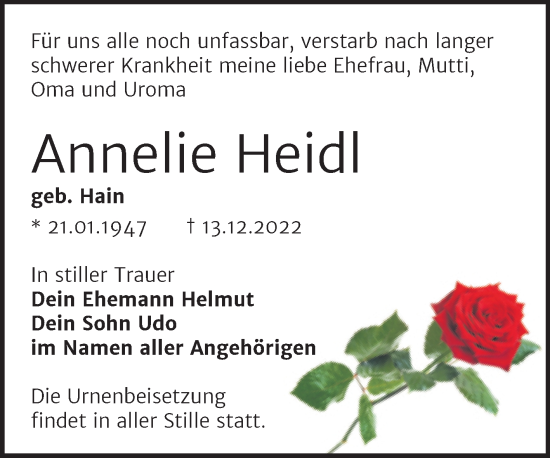Traueranzeige von Annelie Heidl von Trauerkombi Bitterfeld